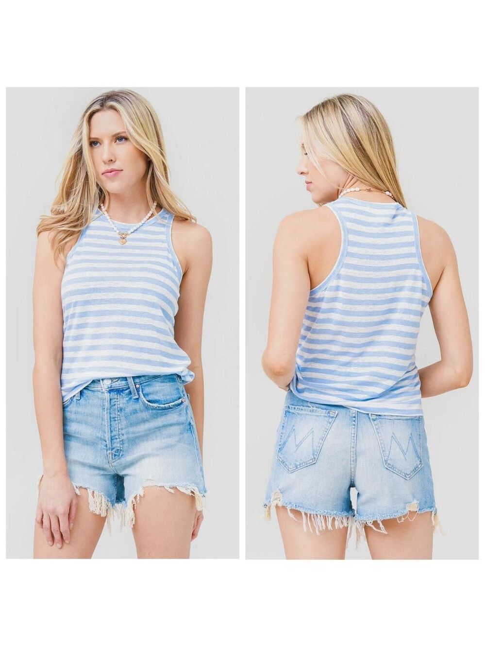 FRAME Ringer Tank Top Size M Blue Striped Linen